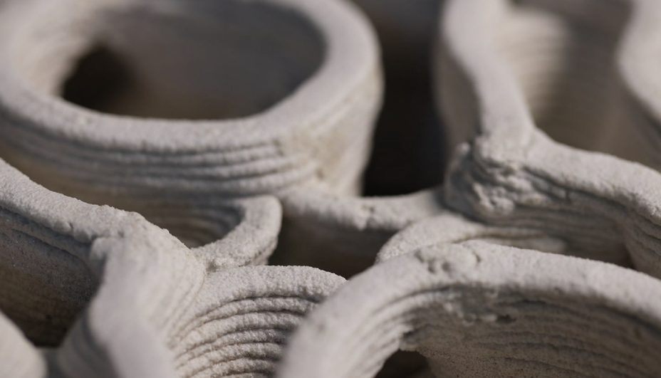 Close-up of 3D-printed biocement layers bonded by bacteria-grown mineral